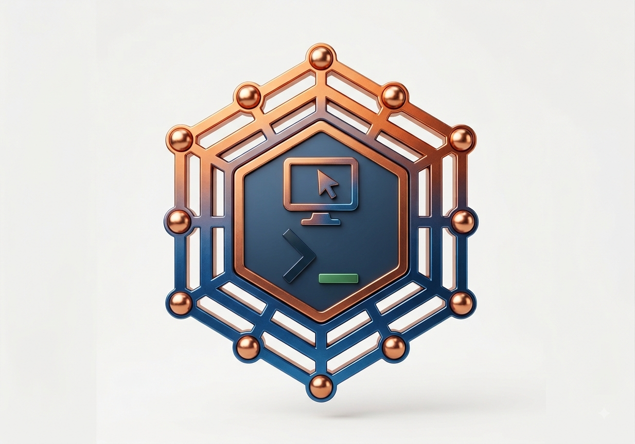 PMClient — a console and terminal inside a hexagonal network badge