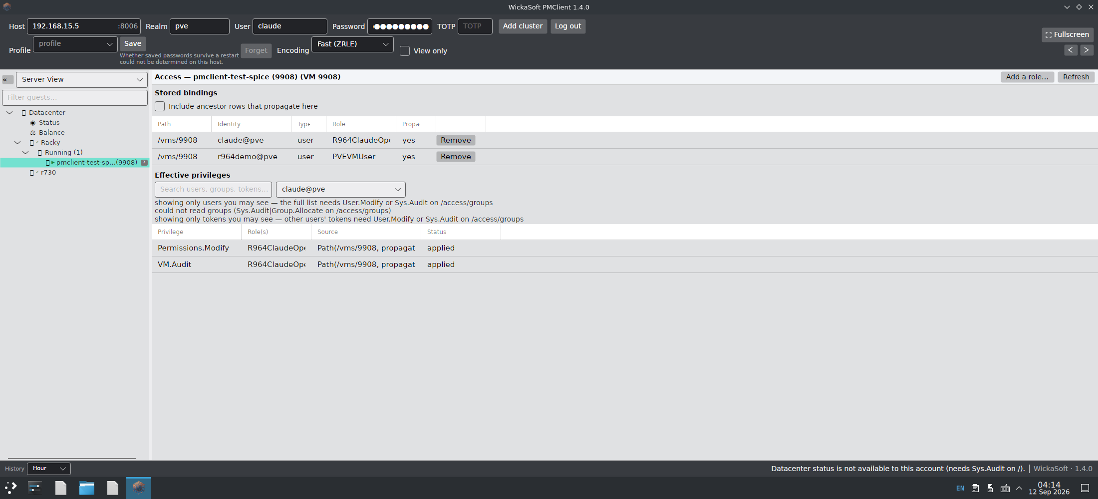 The same Access pane opened by a limited account, showing three notices that name what could not be read and the privilege each would need, above a short effective-privileges table