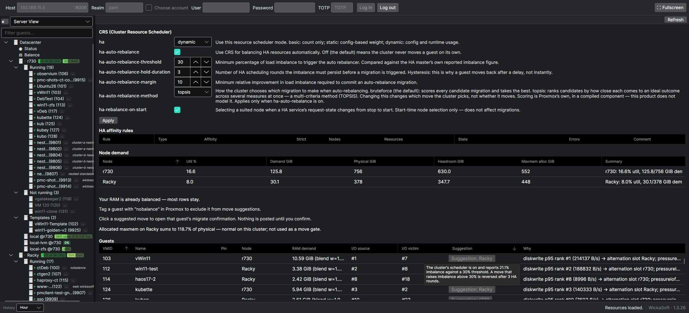 PMClient's Balance page showing the cluster's CRS settings, node demand, and per-guest move suggestions, with the visible suggestion buttons disabled and a tip explaining that the cluster's scheduler reverses a move that raises imbalance above its threshold