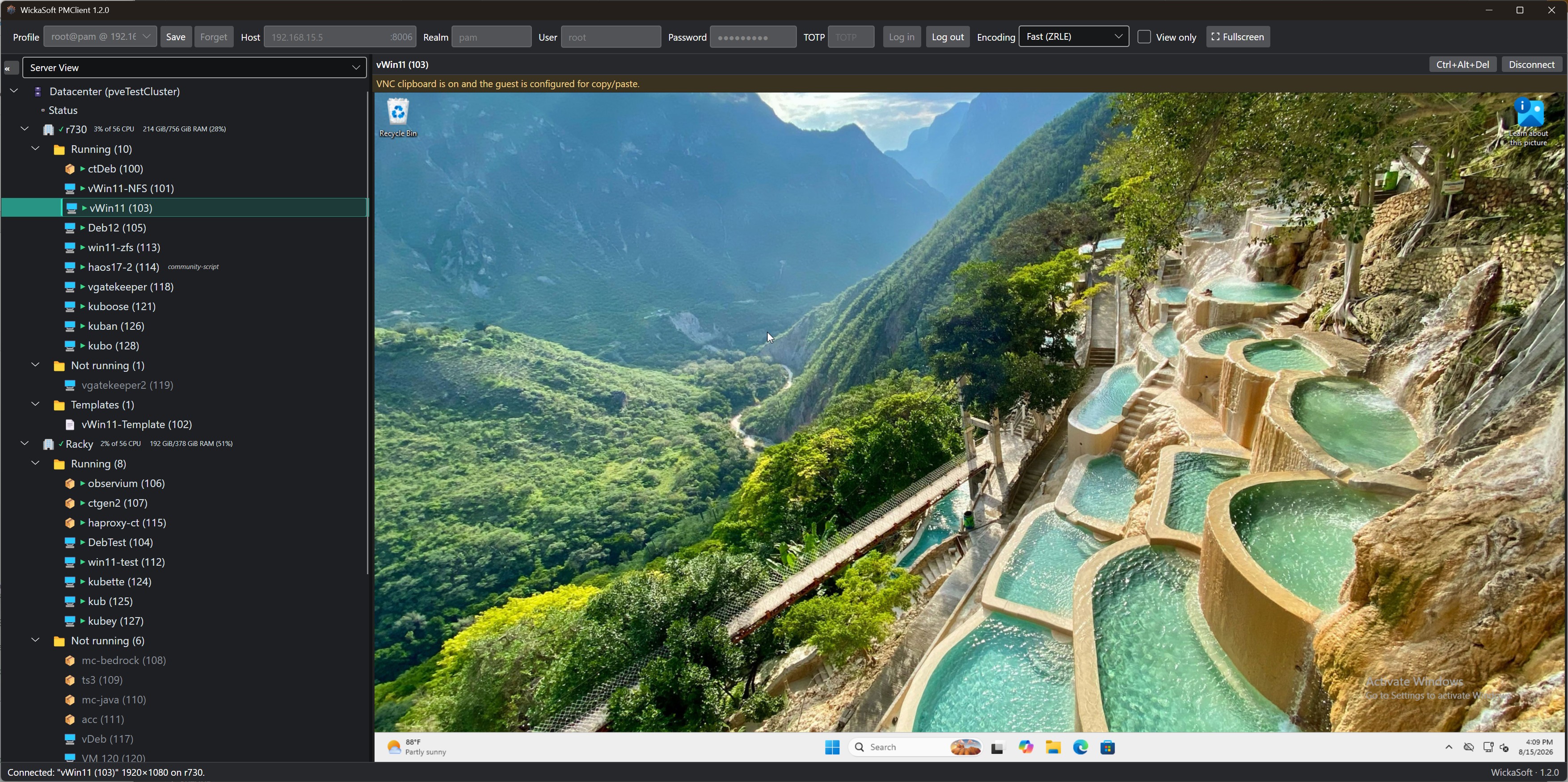WickaSoft PMClient with the cluster tree on the left and a live VNC console on the right