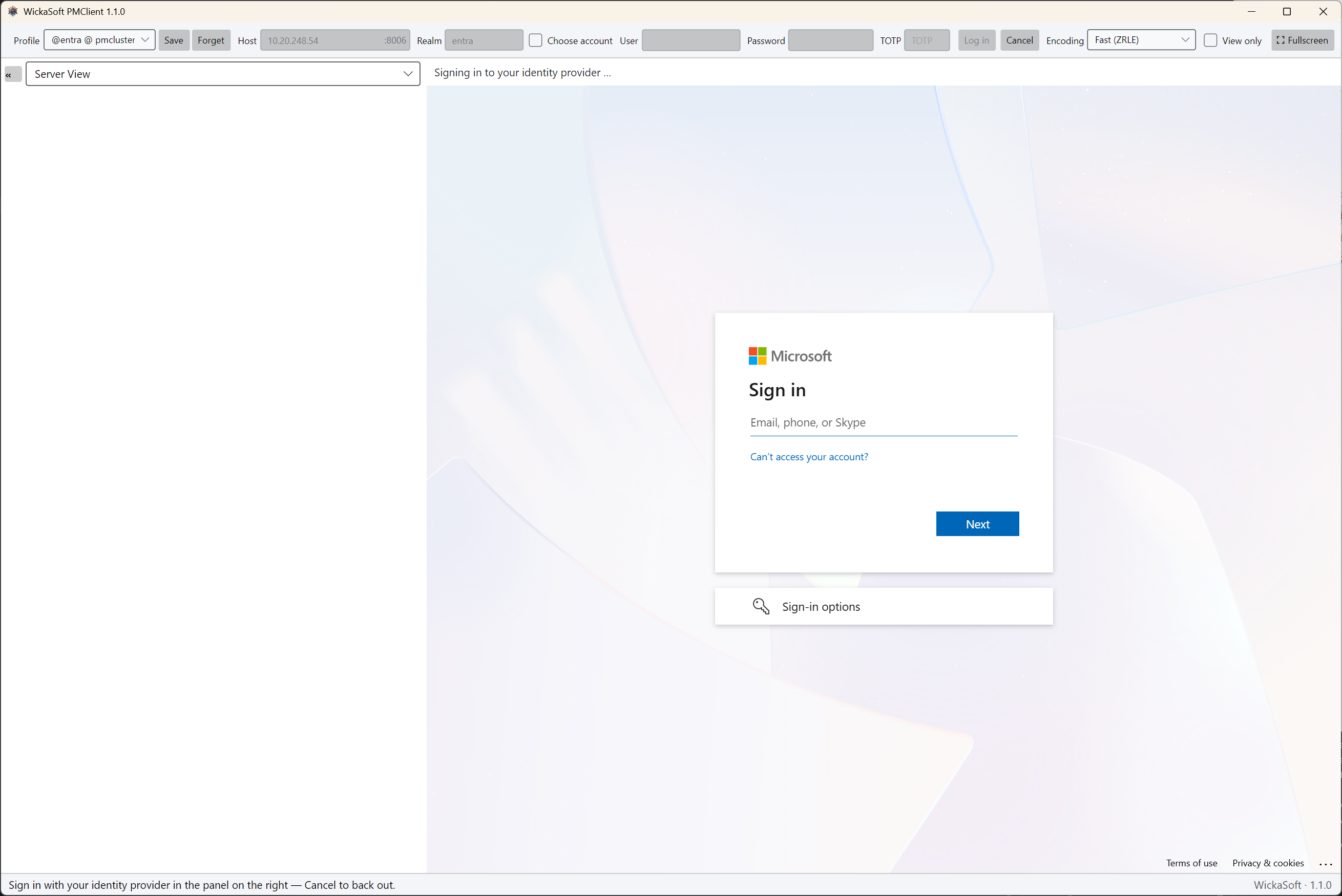 OpenID single sign-on inside PMClient's embedded browser, shown with Microsoft Entra
