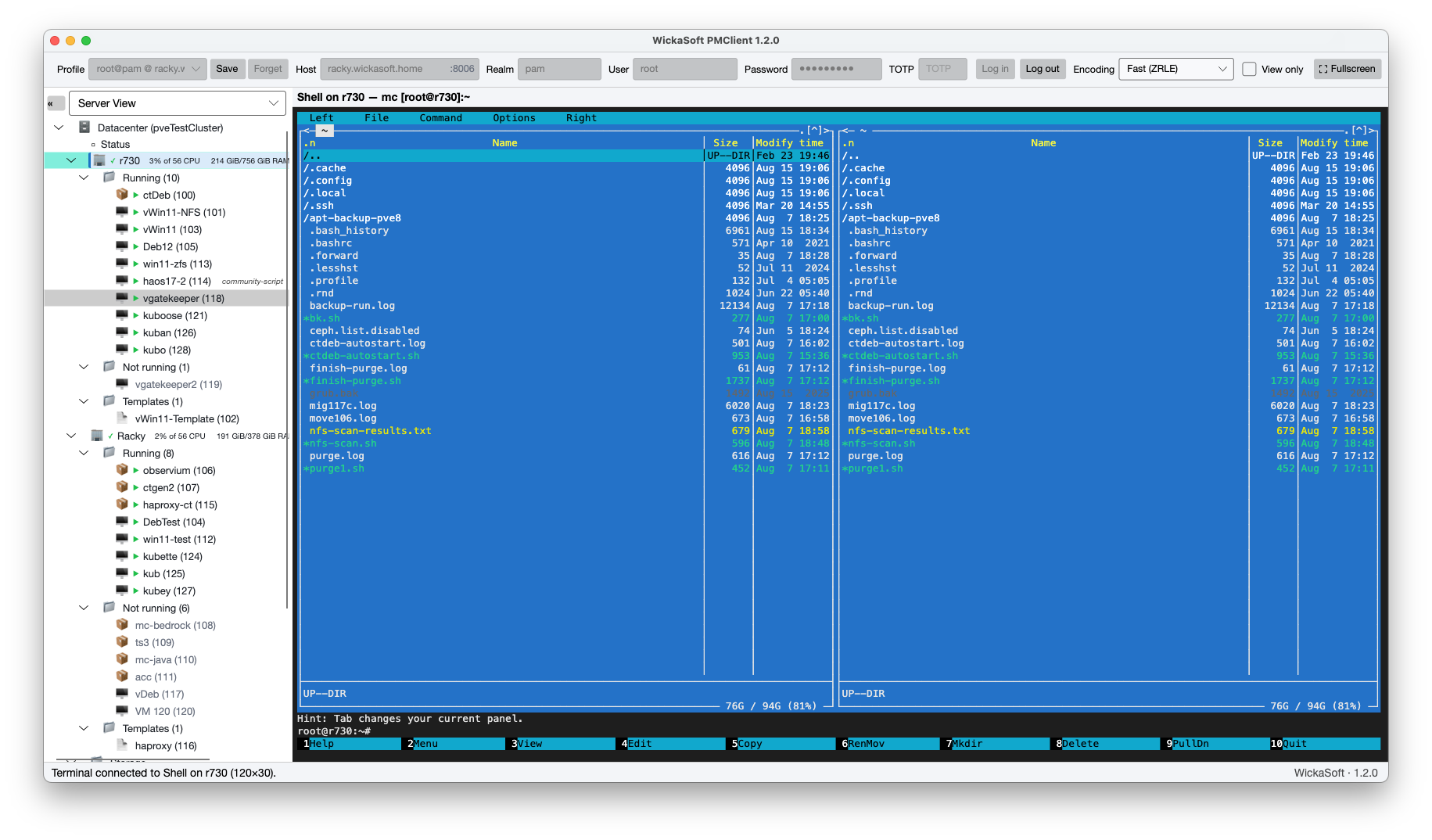 WickaSoft PMClient running natively on macOS, with a node shell open