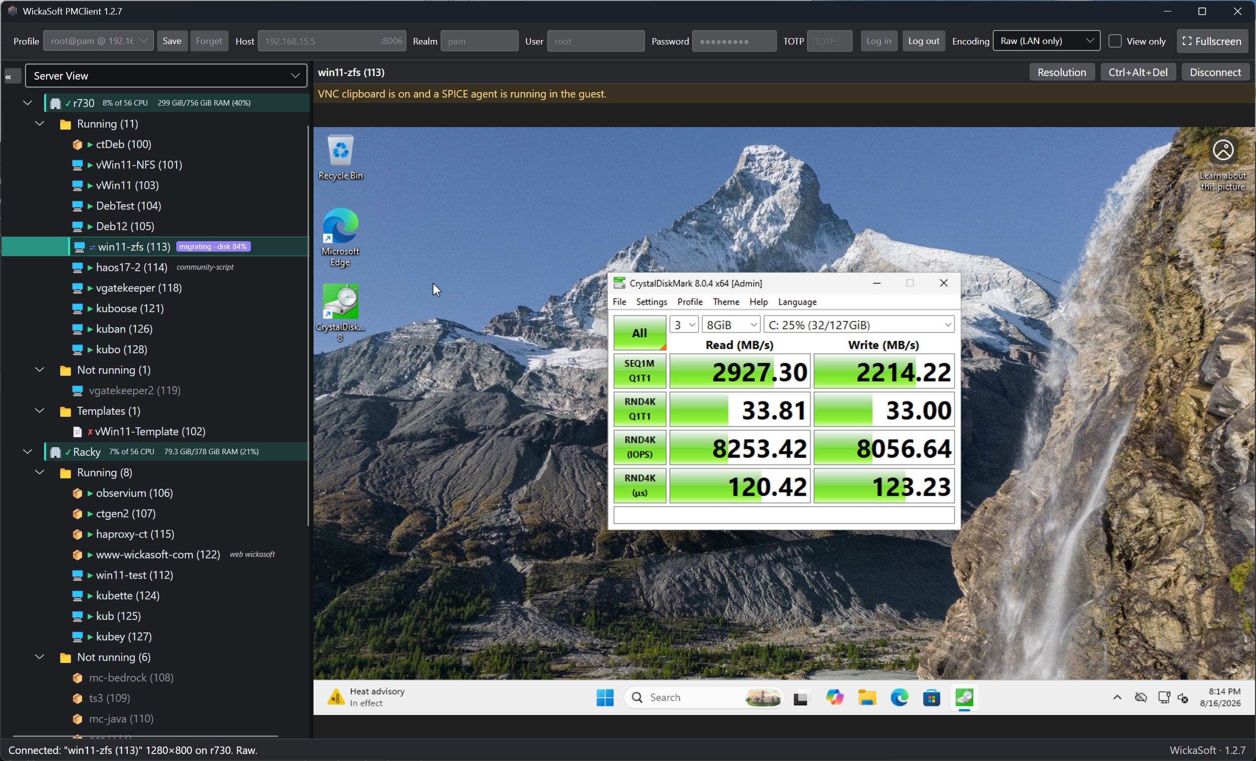 PMClient during a live migration: the guest's tree row reads 'migrating · disk 84%' while its Windows 11 console stays open, running a disk benchmark