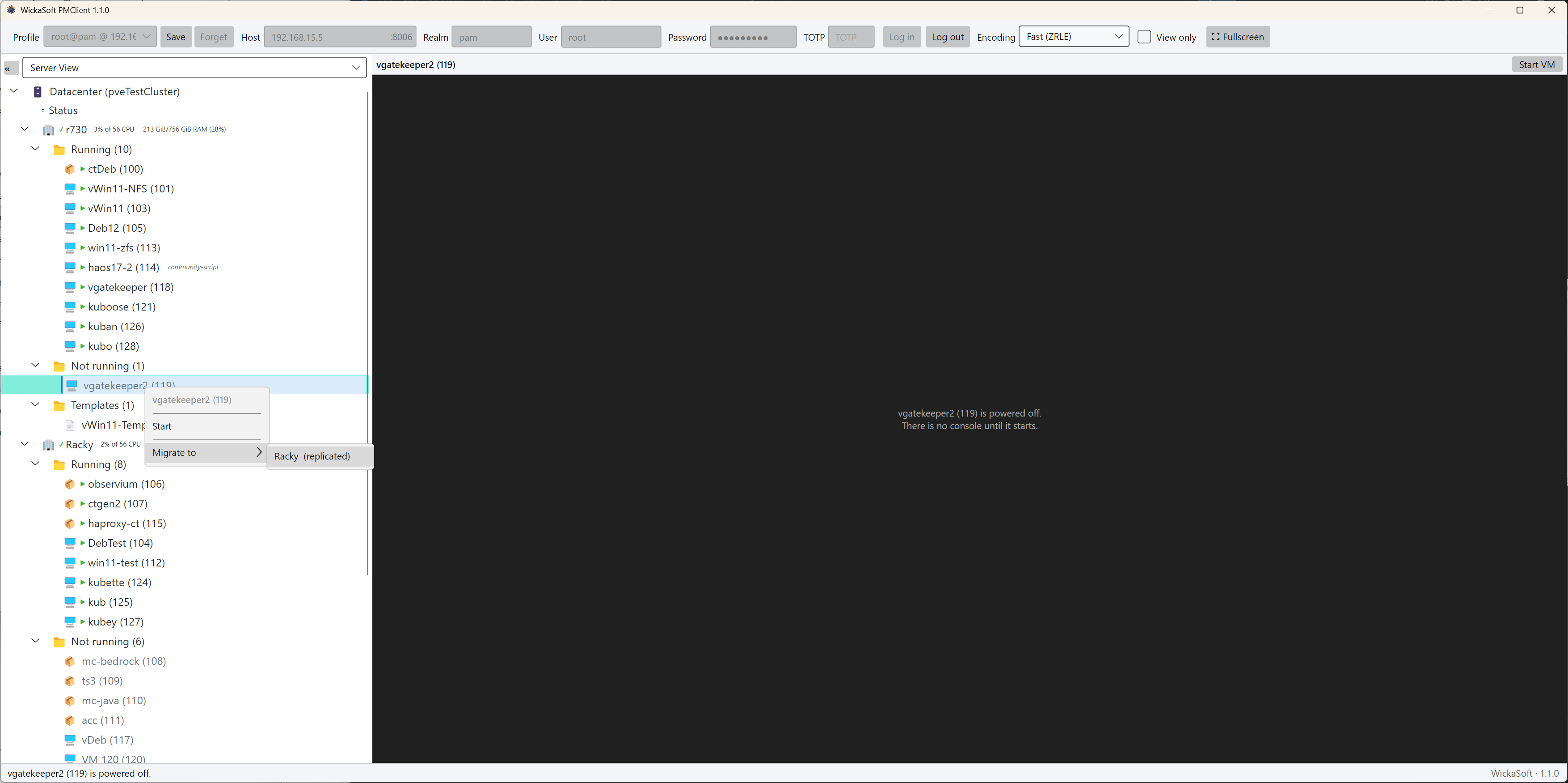 PMClient's right-click migrate menu naming a replicated route to another node