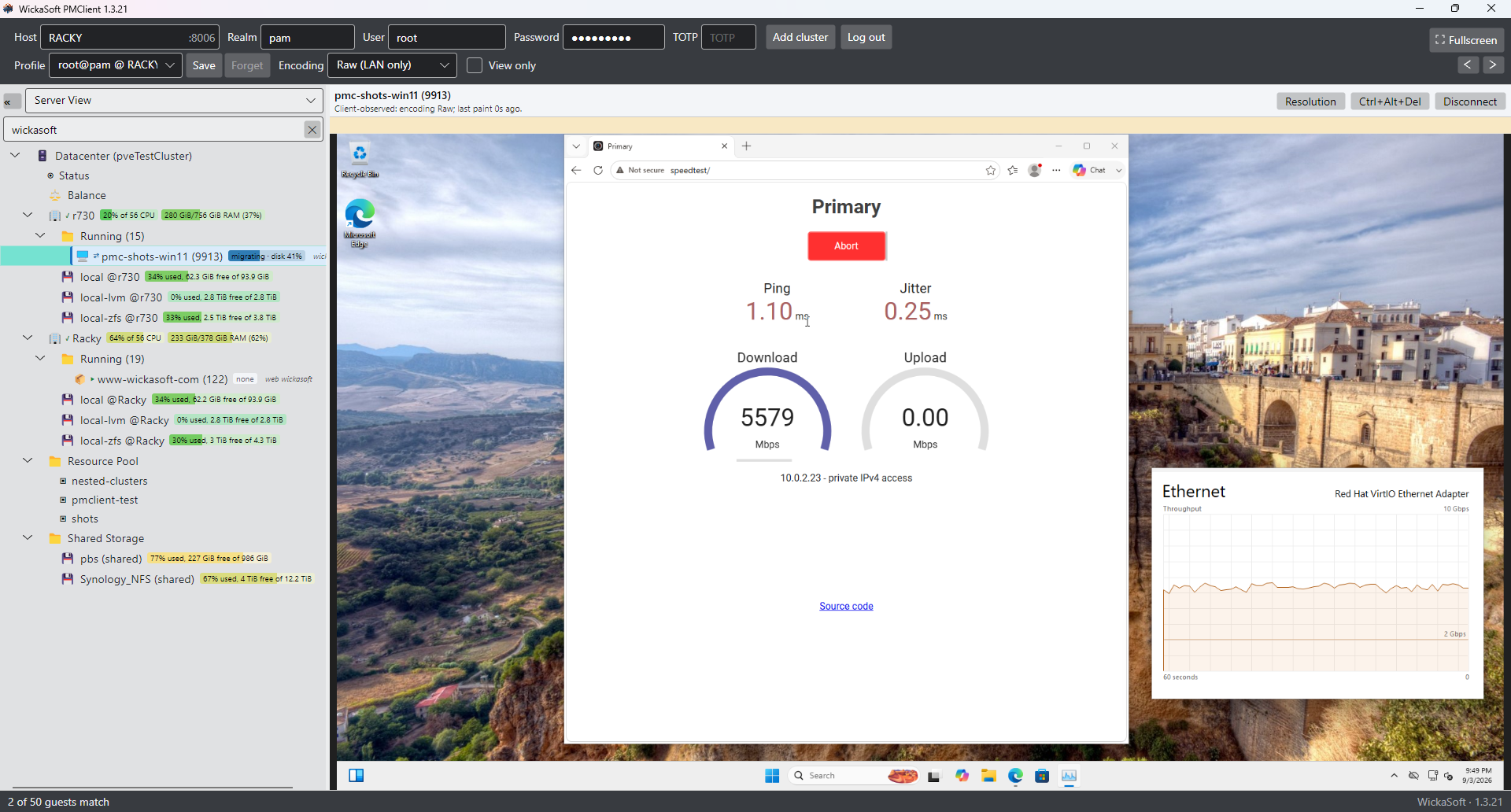PMClient during a live migration: the guest's tree row reads migrating, disk 41%, while its Windows console stays connected and the guest runs a speed test at 5.5 Gbps