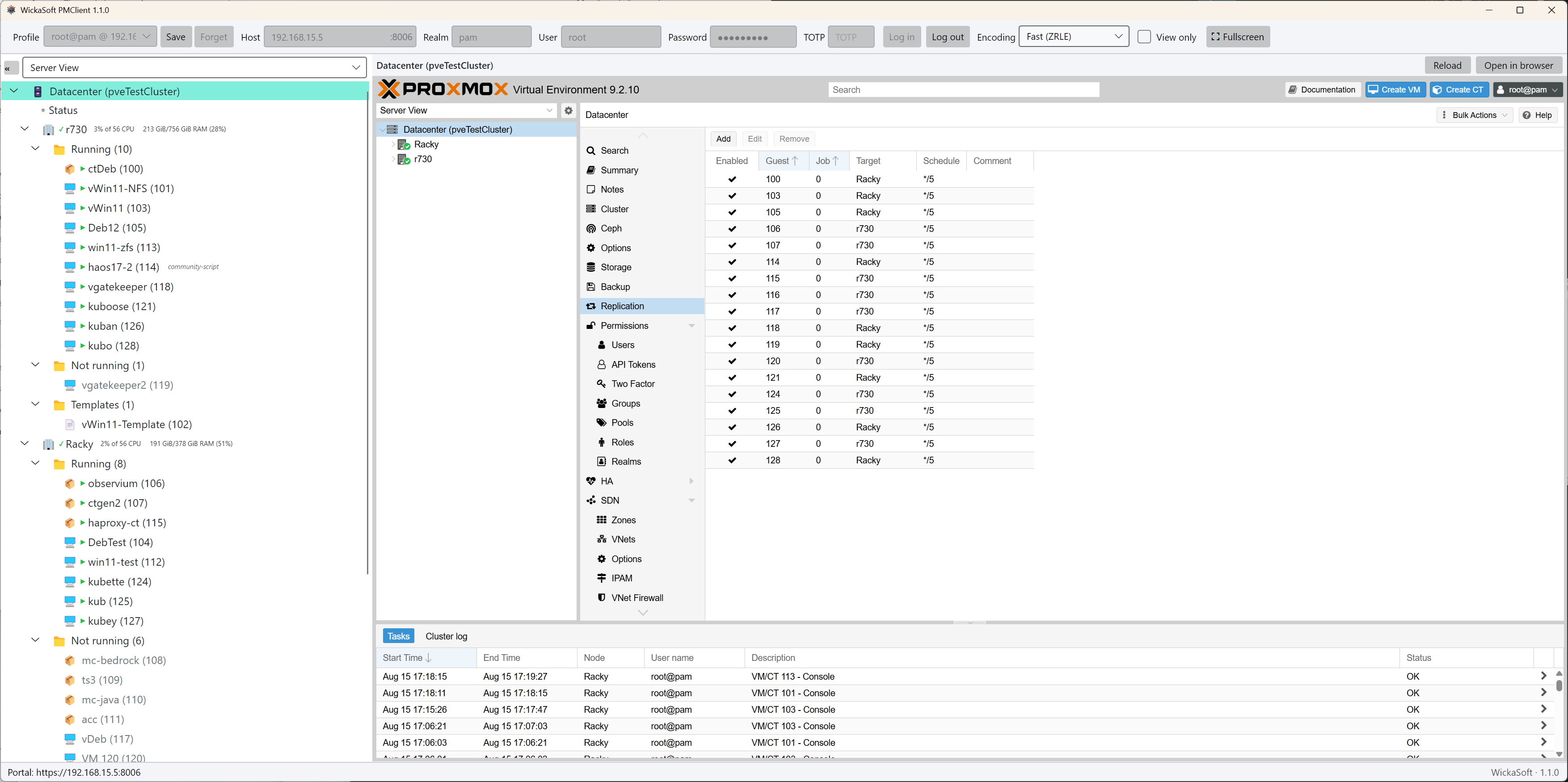 The Proxmox web UI in PMClient, already signed in, embedded on Windows