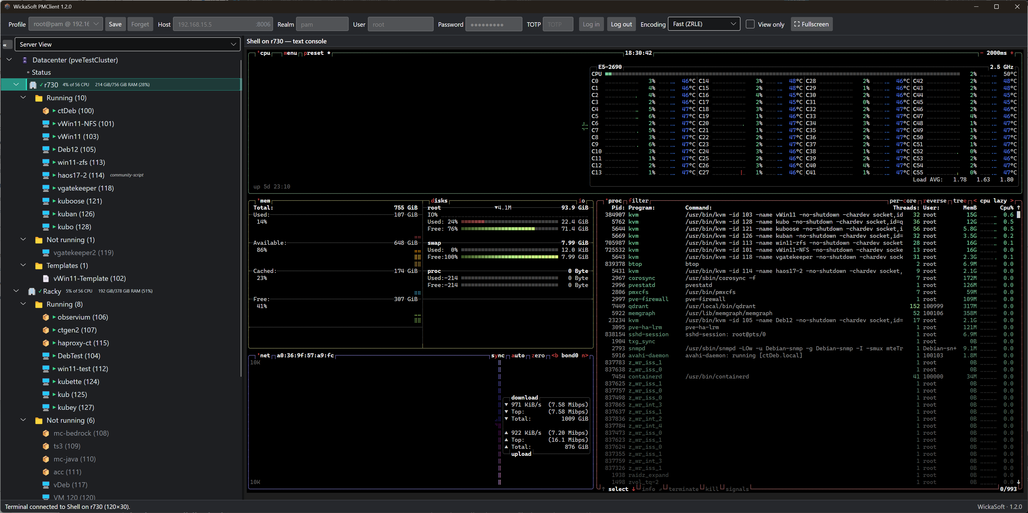 A node shell in PMClient running btop full-screen in the built-in terminal
