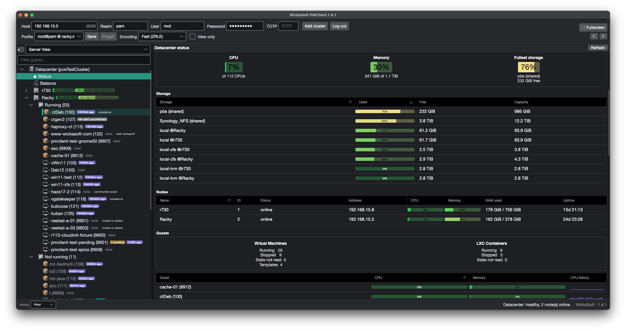 PMClient on macOS showing the Datacenter status page: cluster CPU and memory, the fullest storage, a storage table, both nodes online with their uptime, and virtual machine and container counts that include a State not read line