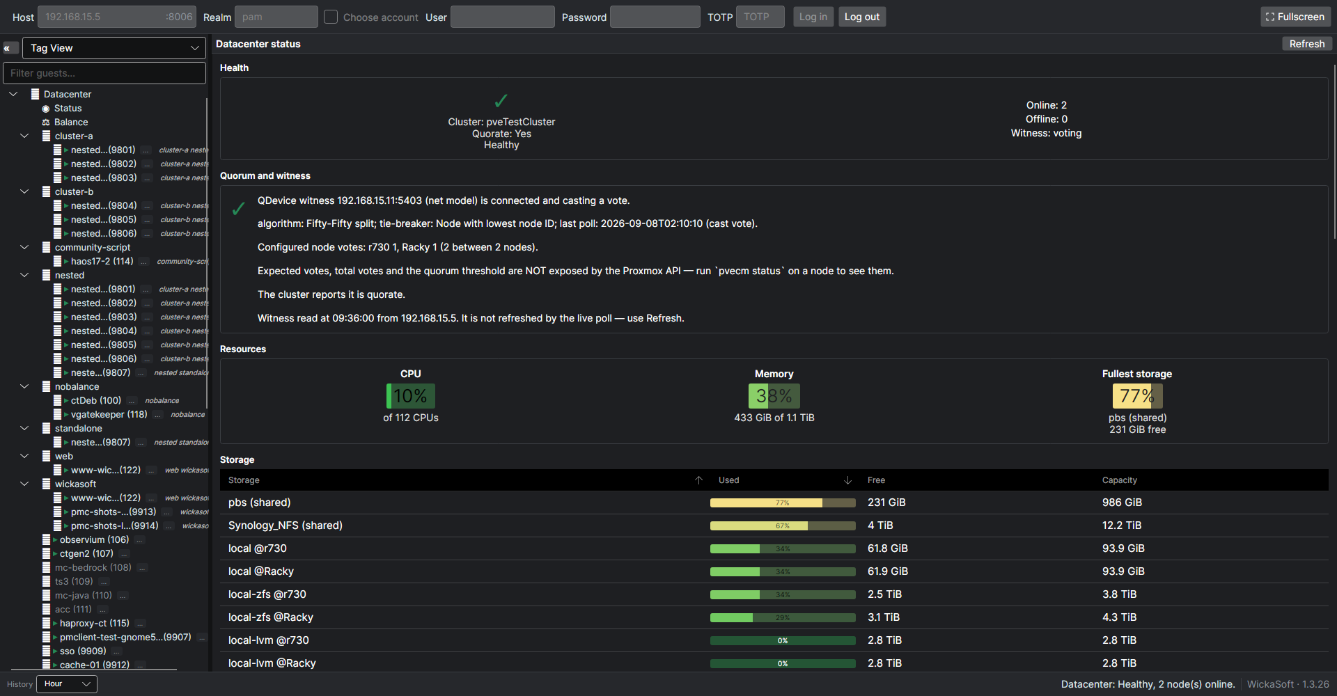PMClient's tree grouped by Proxmox tag, with community-script, web and wickasoft as top-level groups
